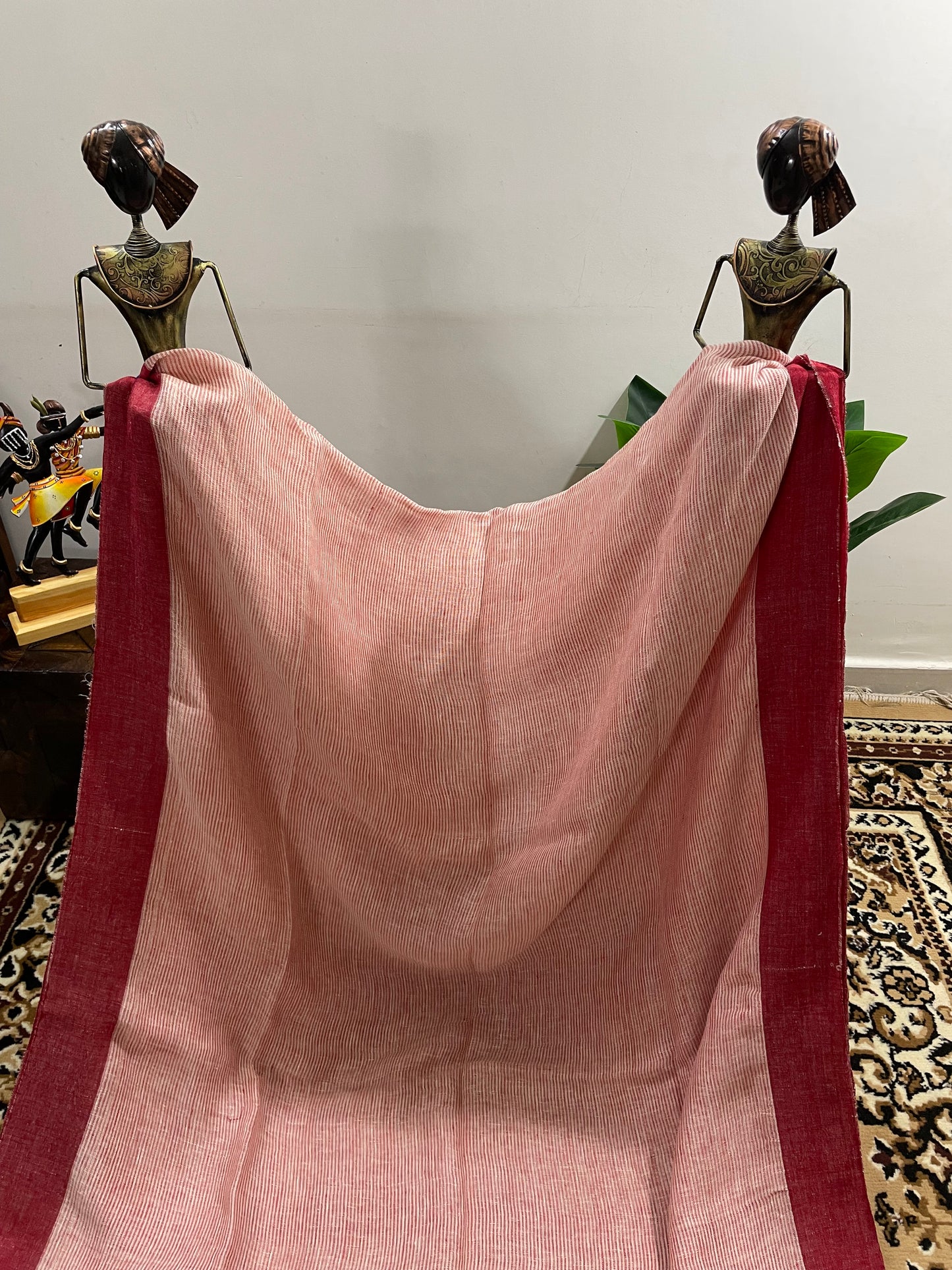 Off-white and Pinkish Red Pure Linen Saree