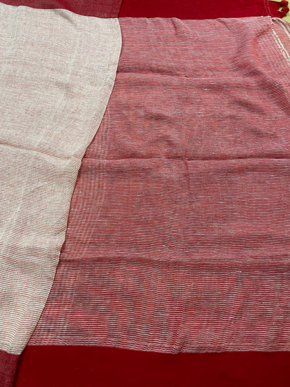 Off-white and Pinkish Red Pure Linen Saree