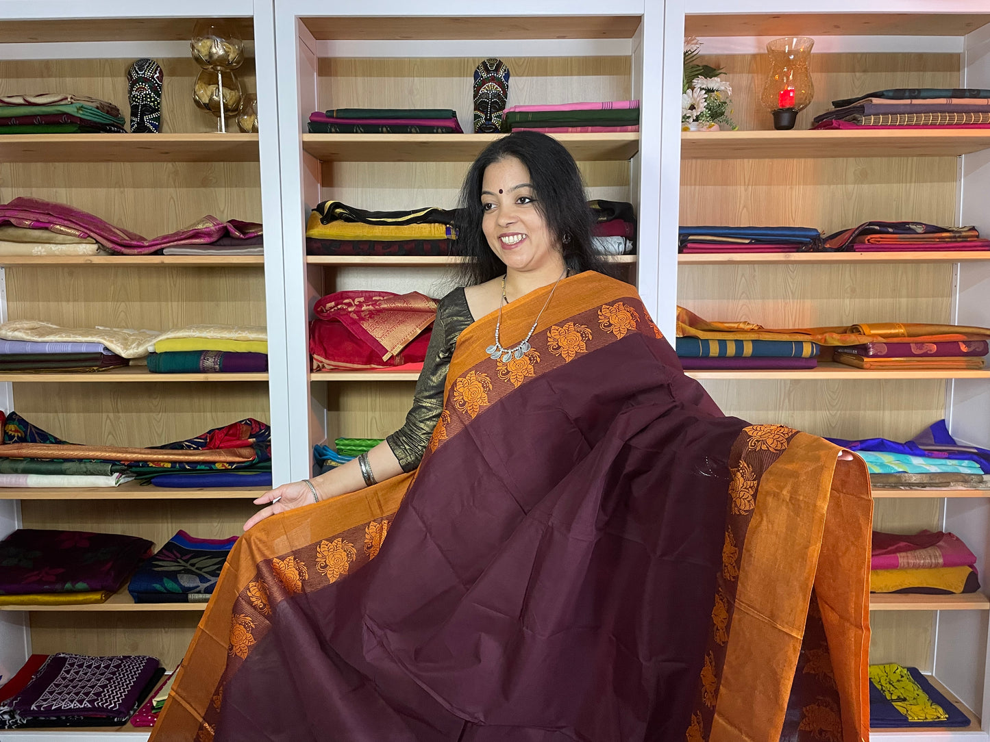 Dark Brown with Mustard Border Chettinad Cotton Saree