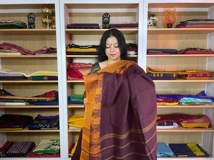 Dark Brown with Mustard Border Chettinad Cotton Saree