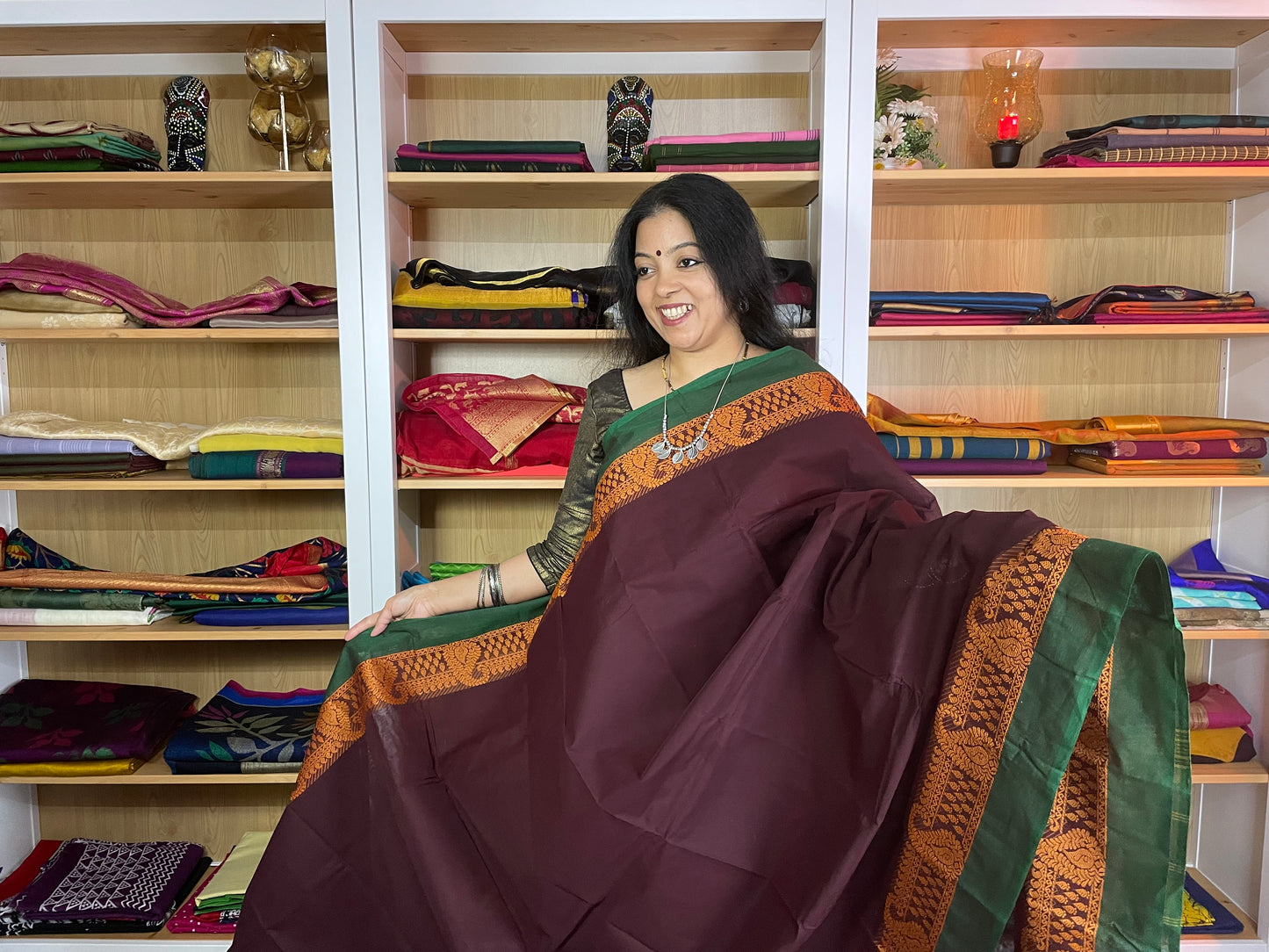 Dark Brown with Green Chettinad Cotton Saree