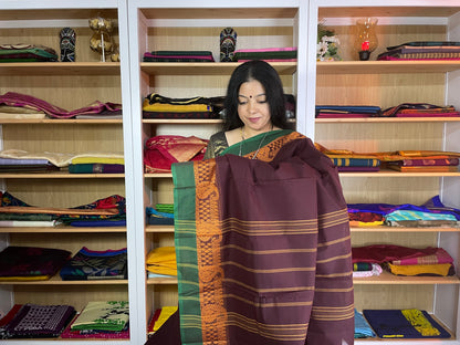 Dark Brown with Green Chettinad Cotton Saree