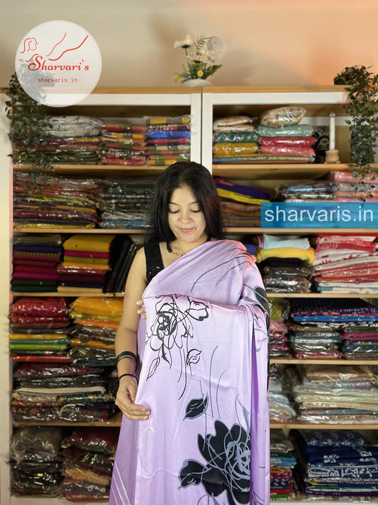 Lavender and Black Italian Butter Crepe Saree with Digital Prints