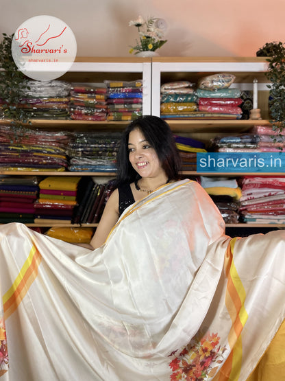 Off White and Ochre Yellow Pure Satin Silk Saree with Vibrant Prints