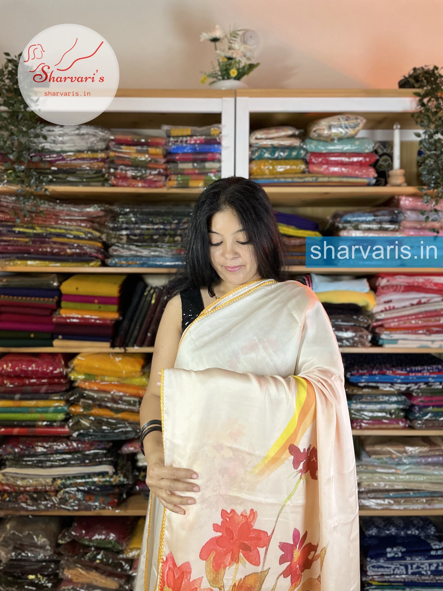 Off White and Ochre Yellow Pure Satin Silk Saree with Vibrant Prints