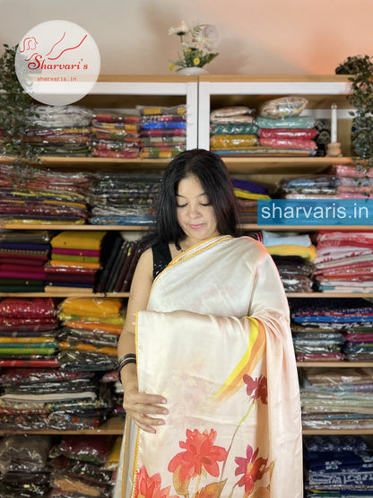 Off White and Ochre Yellow Pure Satin Silk Saree with Vibrant Prints