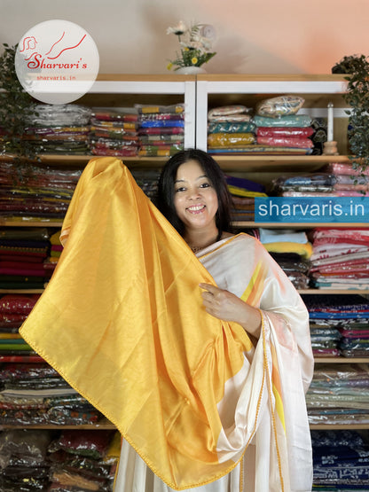 Off White and Ochre Yellow Pure Satin Silk Saree with Vibrant Prints