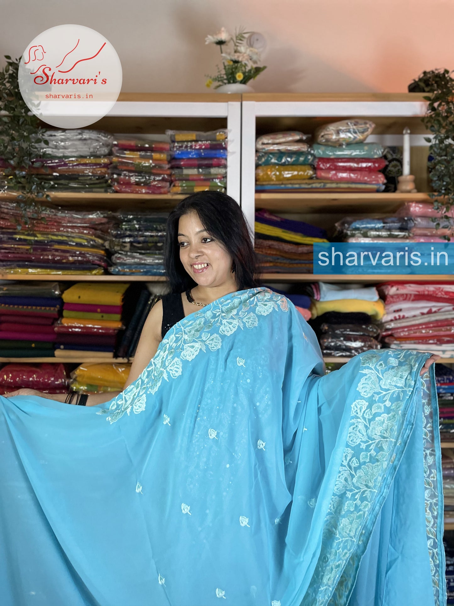 Sky Blue Faux Georgette Saree with Thread Work Piping Borders