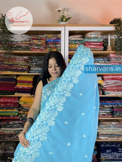 Sky Blue Faux Georgette Saree with Thread Work Piping Borders