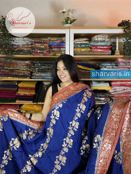 Royal Blue and Red Dola Silk Saree with Cross Floral Zari Work