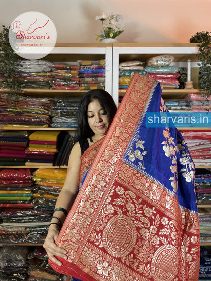 Royal Blue and Red Dola Silk Saree with Cross Floral Zari Work