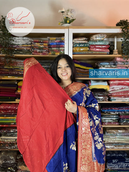 Royal Blue and Red Dola Silk Saree with Cross Floral Zari Work