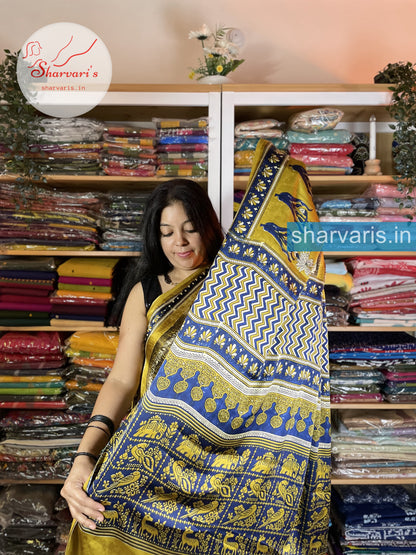 Mustard and Navy Blue Italian Butter Crepe Saree with Ajrakh Pallu