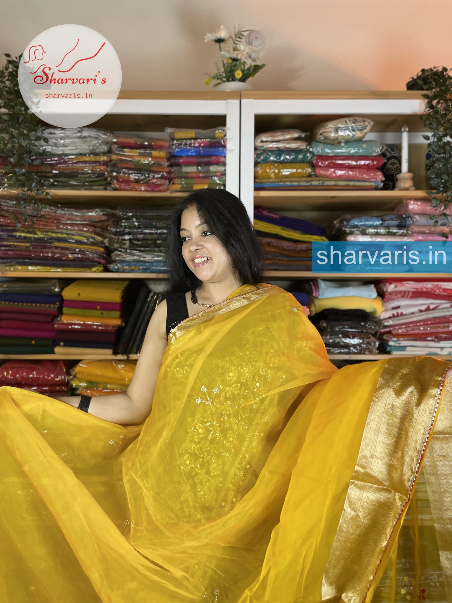 Yellow Art Silk Saree with Cutdana Embroidery and Gota Patti Borders