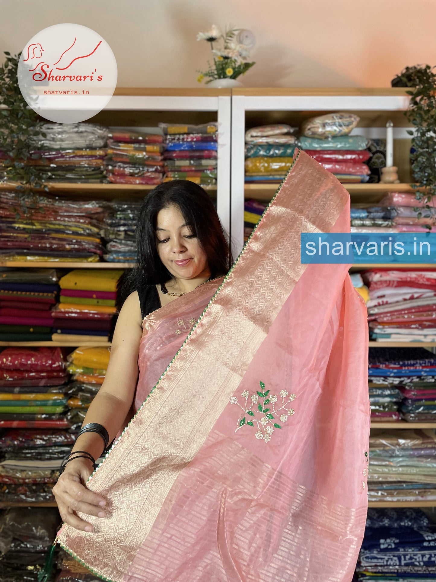 Peach Art Silk Saree with Cutdana Embroidery and Gota Patti Borders