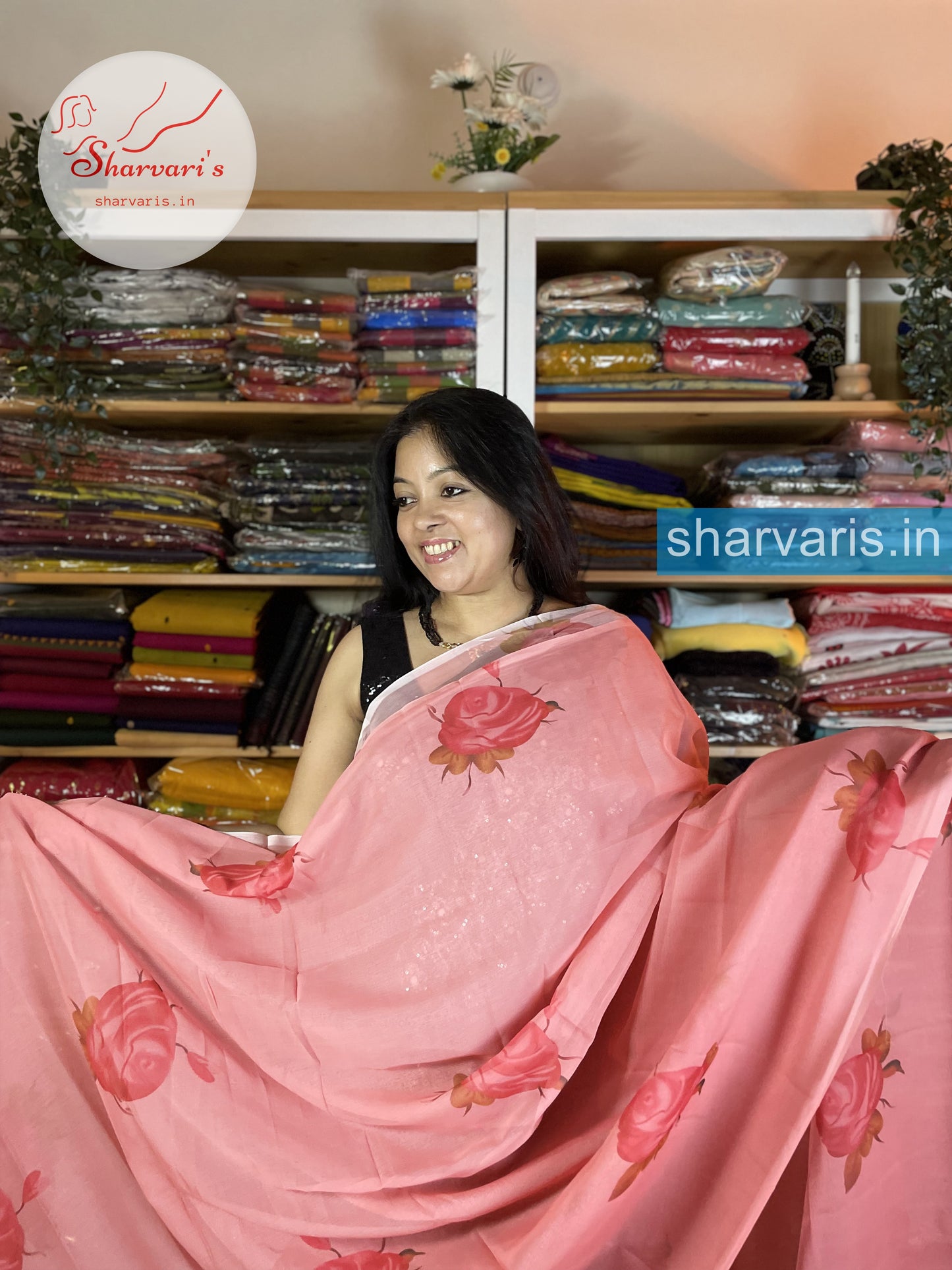 Peach Silver Chiffon Saree with Floral Prints