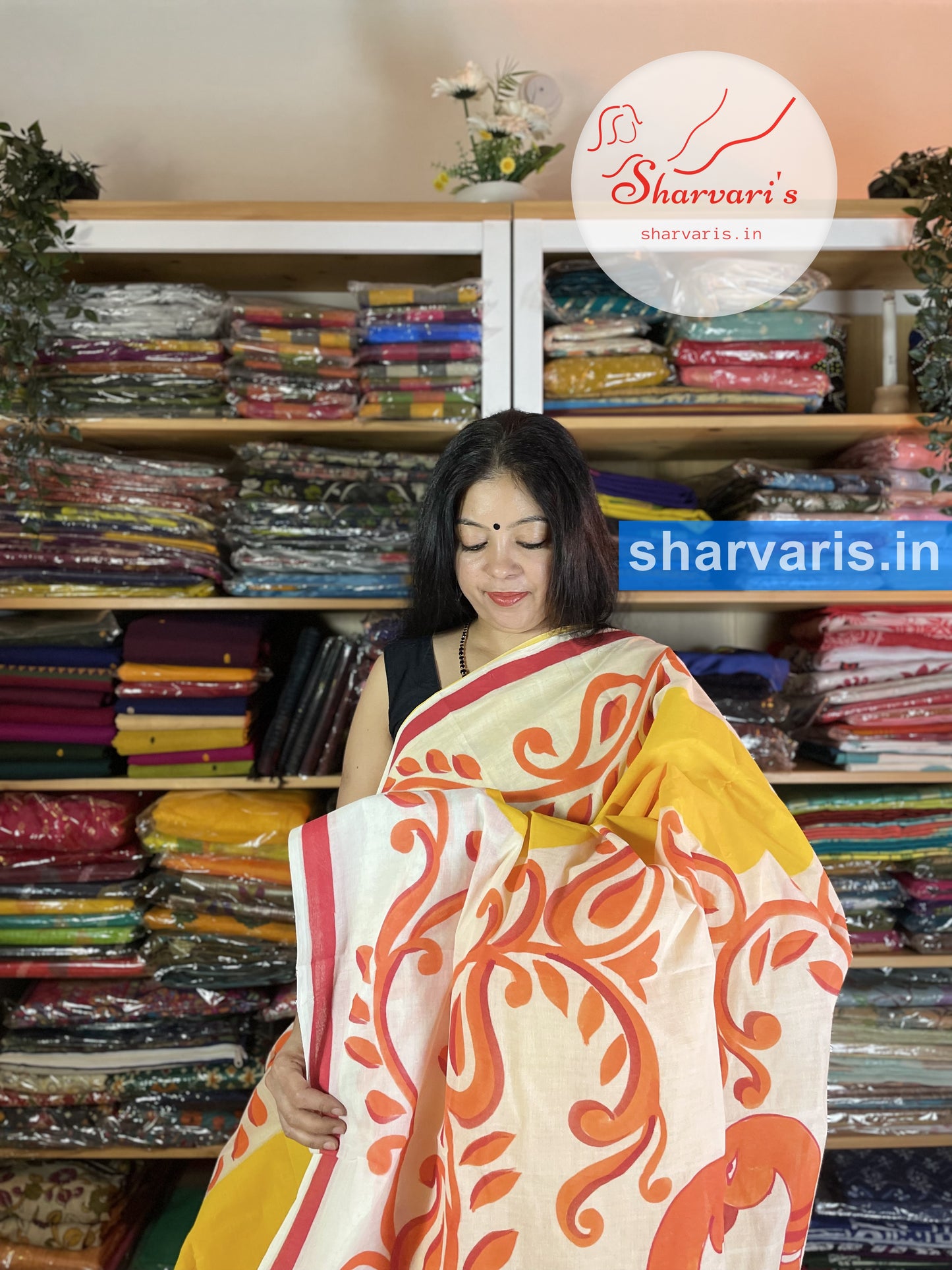 Yellow and Red Hand Painted Tant Cotton Saree