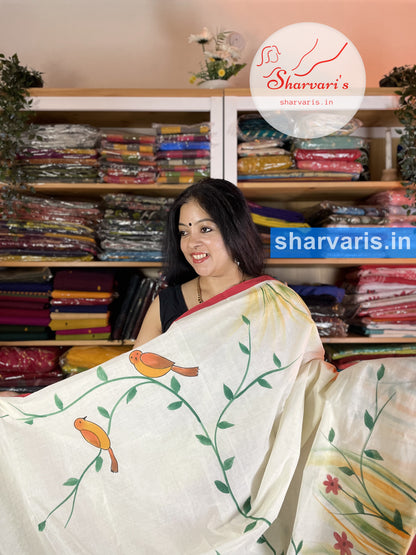 White and Red Tant Hand Painted Cotton Saree