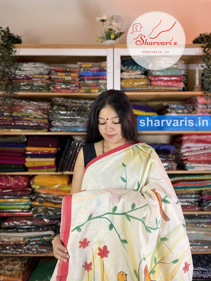 White and Red Tant Hand Painted Cotton Saree