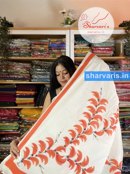 White and Orange Tant Hand Painted Cotton Saree