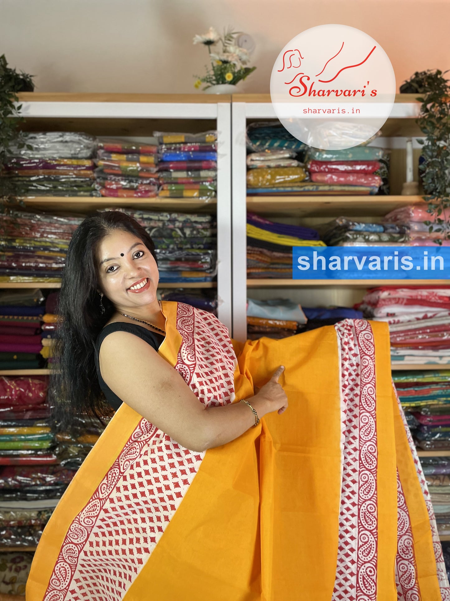 Ochre Yellow and Red Tant Cotton Saree