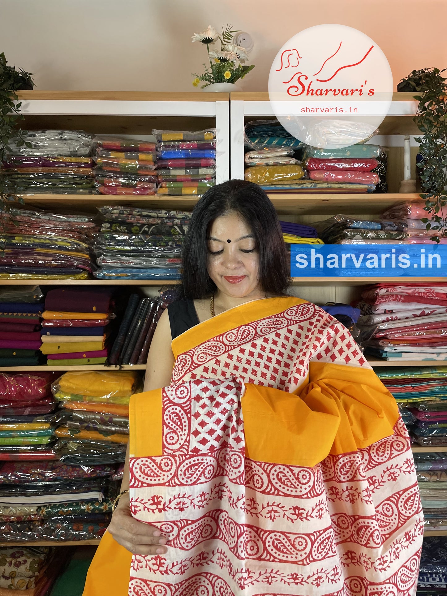 Ochre Yellow and Red Tant Cotton Saree