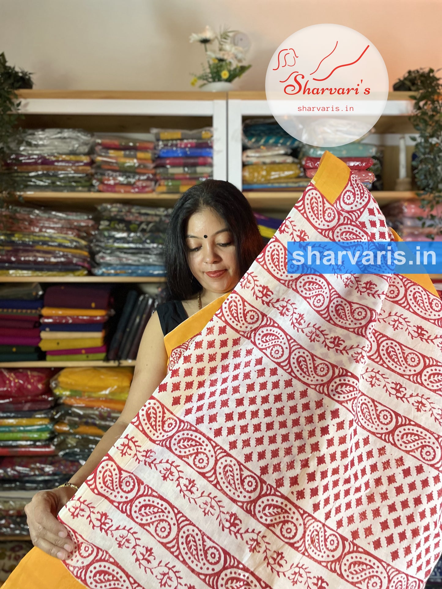 Ochre Yellow and Red Tant Cotton Saree