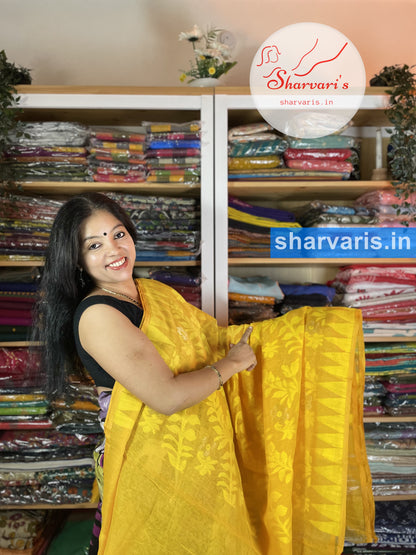 Turmeric Yellow Soft Dhakai Jamdani Cotton Saree with Floral Patterns