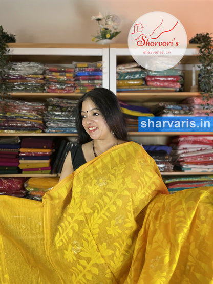 Turmeric Yellow Soft Dhakai Jamdani Cotton Saree with Floral Patterns