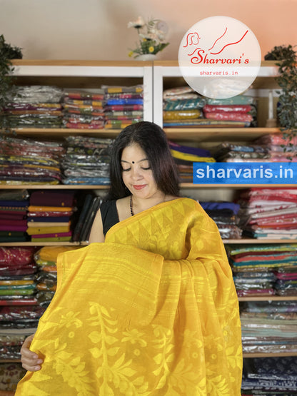 Turmeric Yellow Soft Dhakai Jamdani Cotton Saree with Floral Patterns