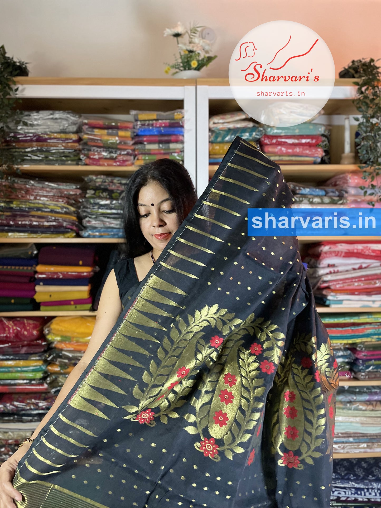 Black Thousand Buttas Saree with Gold Paisley Patterns