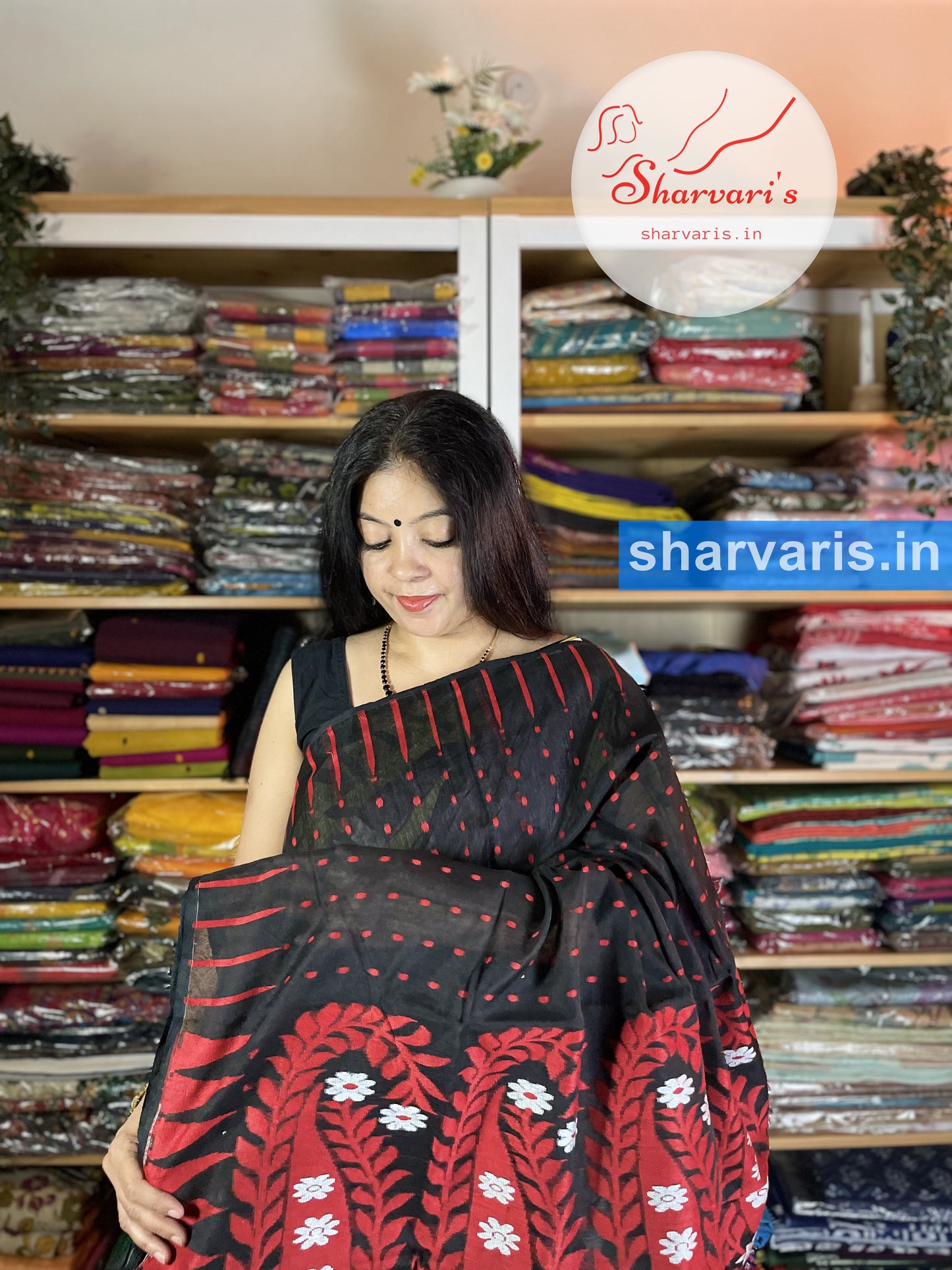 Black and Red Thousand Buttas Saree with Paisley Patterns