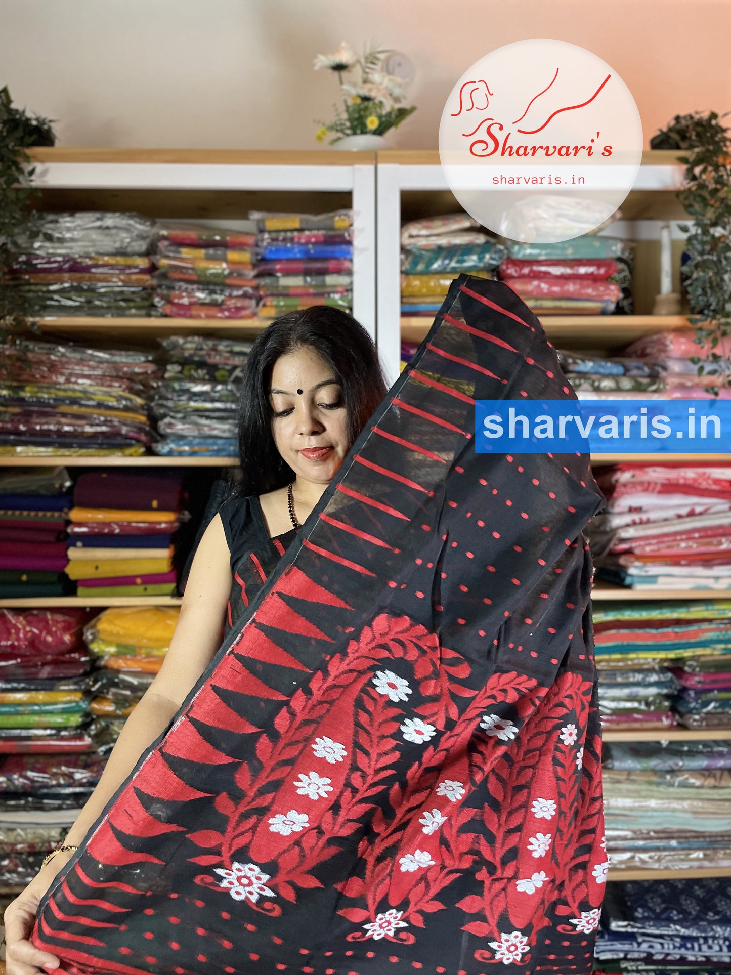 Black and Red Thousand Buttas Saree with Paisley Patterns