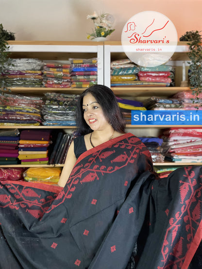 Black and Red Cotton Saree with Premium Jamdani Trendy Borders