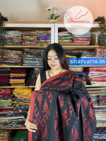 Black and Red Cotton Saree with Premium Jamdani Trendy Borders