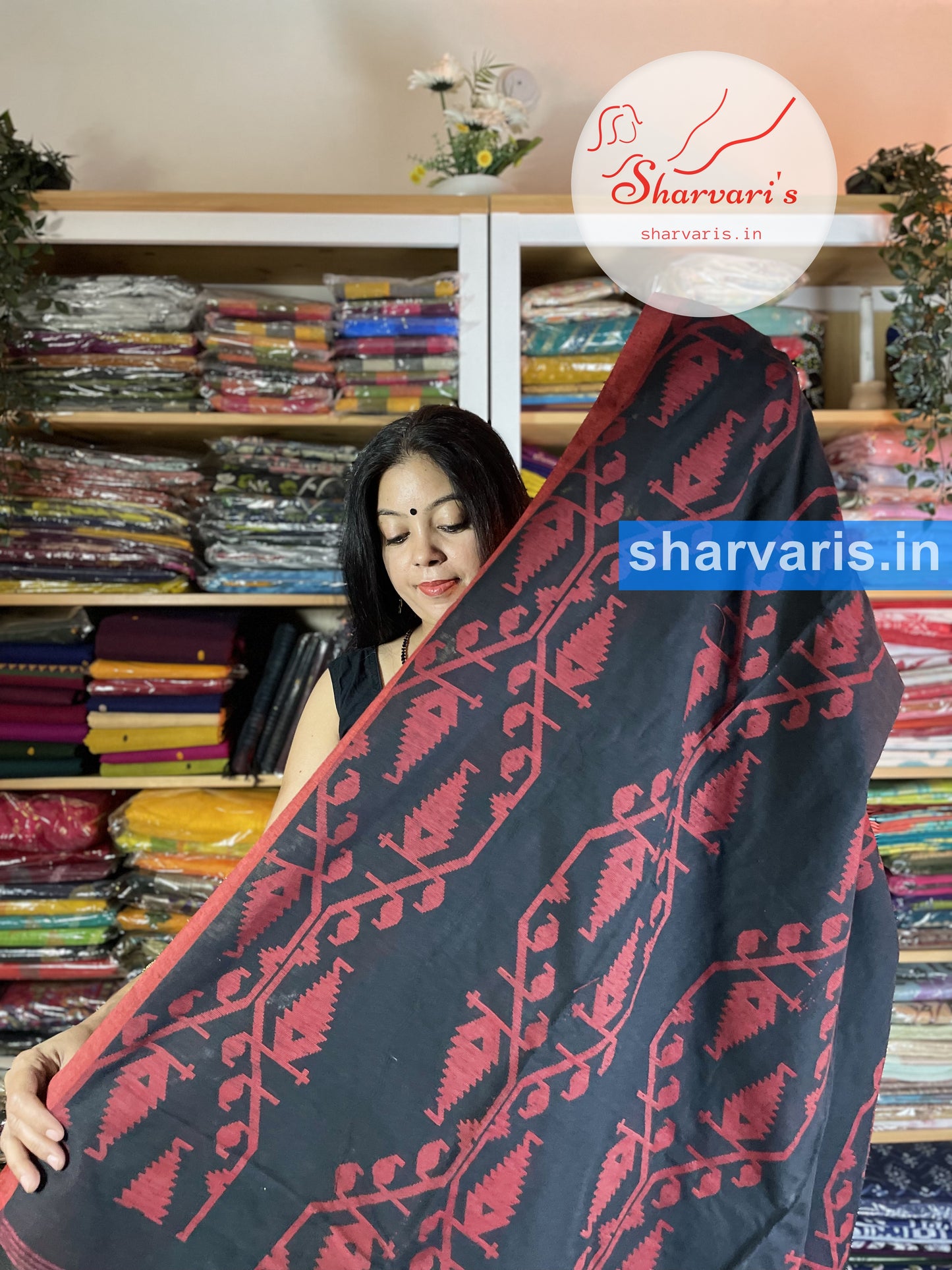 Black and Red Cotton Saree with Premium Jamdani Trendy Borders