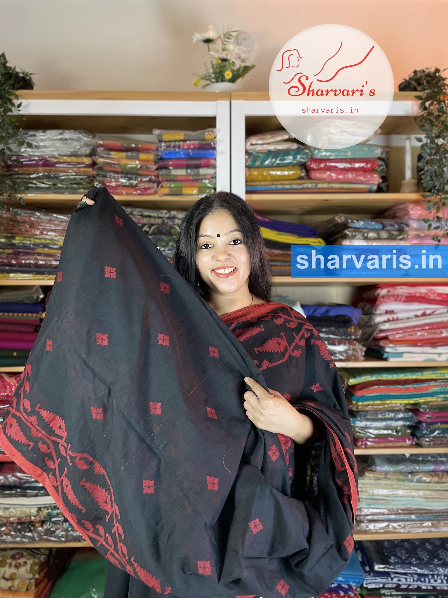 Black and Red Cotton Saree with Premium Jamdani Trendy Borders