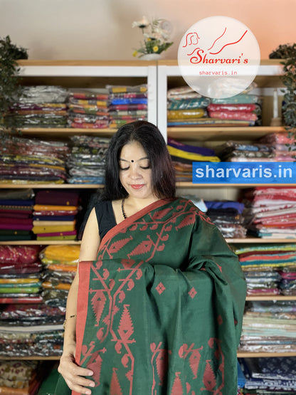 Bottle Green and Red Cotton Saree with  Premium Jamdani Trendy Borders