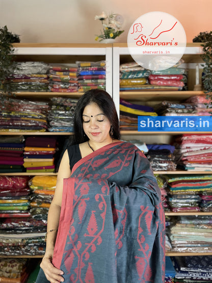 Grey and Red Cotton Saree with Premium Jamdani Trendy Borders