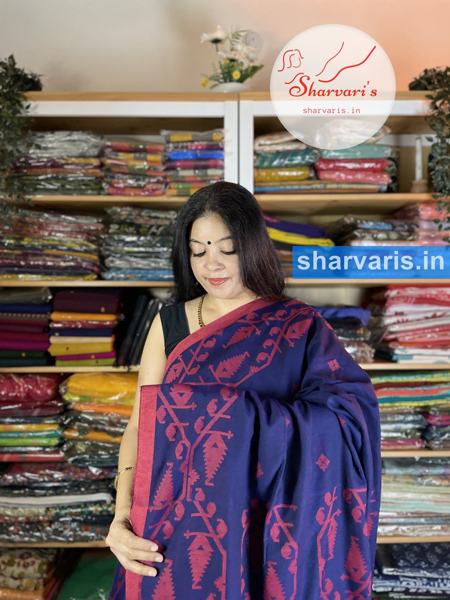 Deep Royal Blue and Red Cotton Saree with Trendy Jamdani Borders