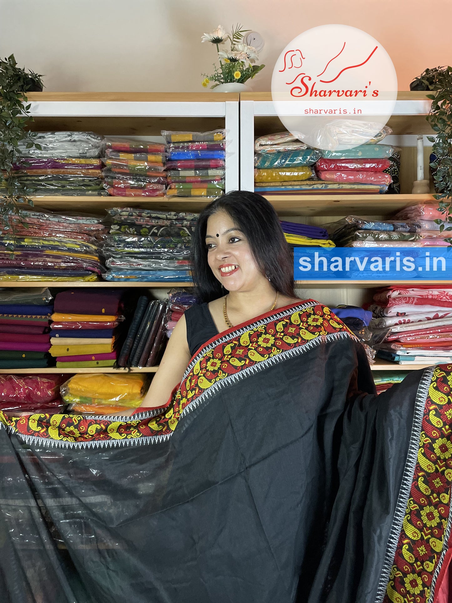 Black and Maroon Blended Cotton Saree with Jamdani Borders