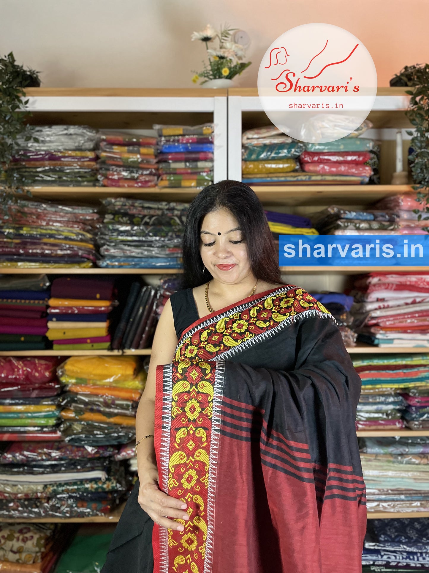 Black and Maroon Blended Cotton Saree with Jamdani Borders