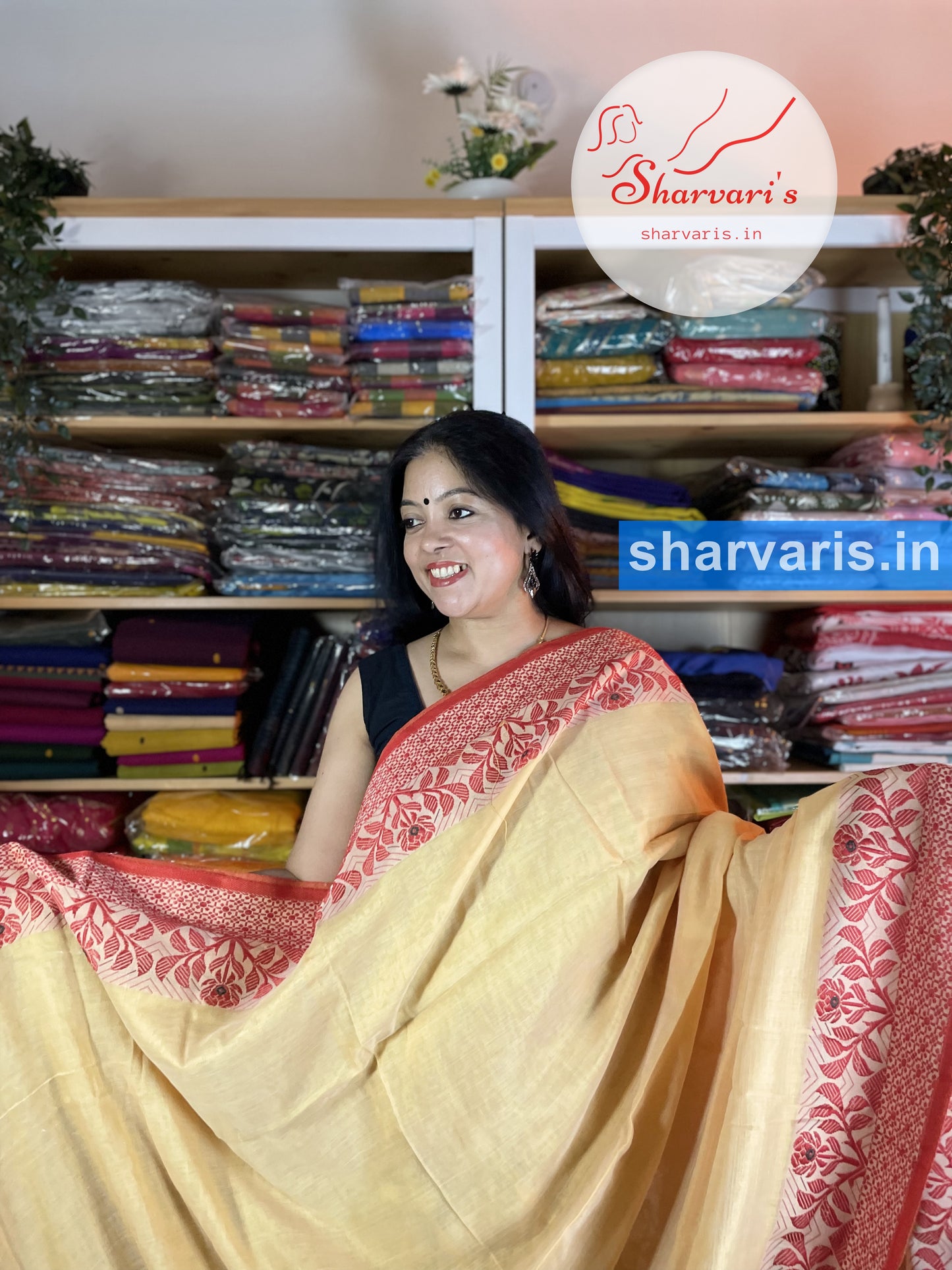 Beige and Red Blended Cotton Saree with Jamdani Borders