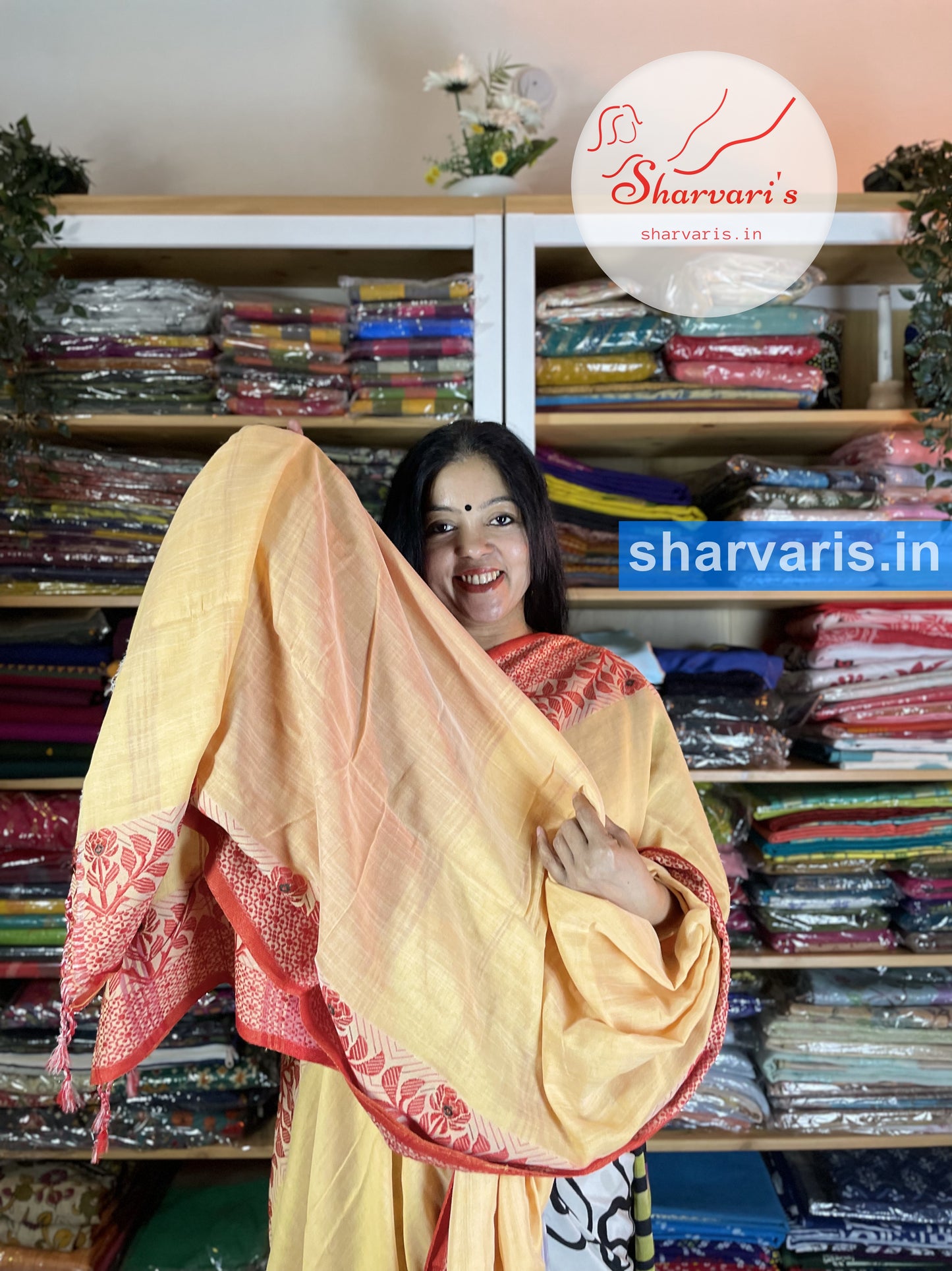 Beige and Red Blended Cotton Saree with Jamdani Borders