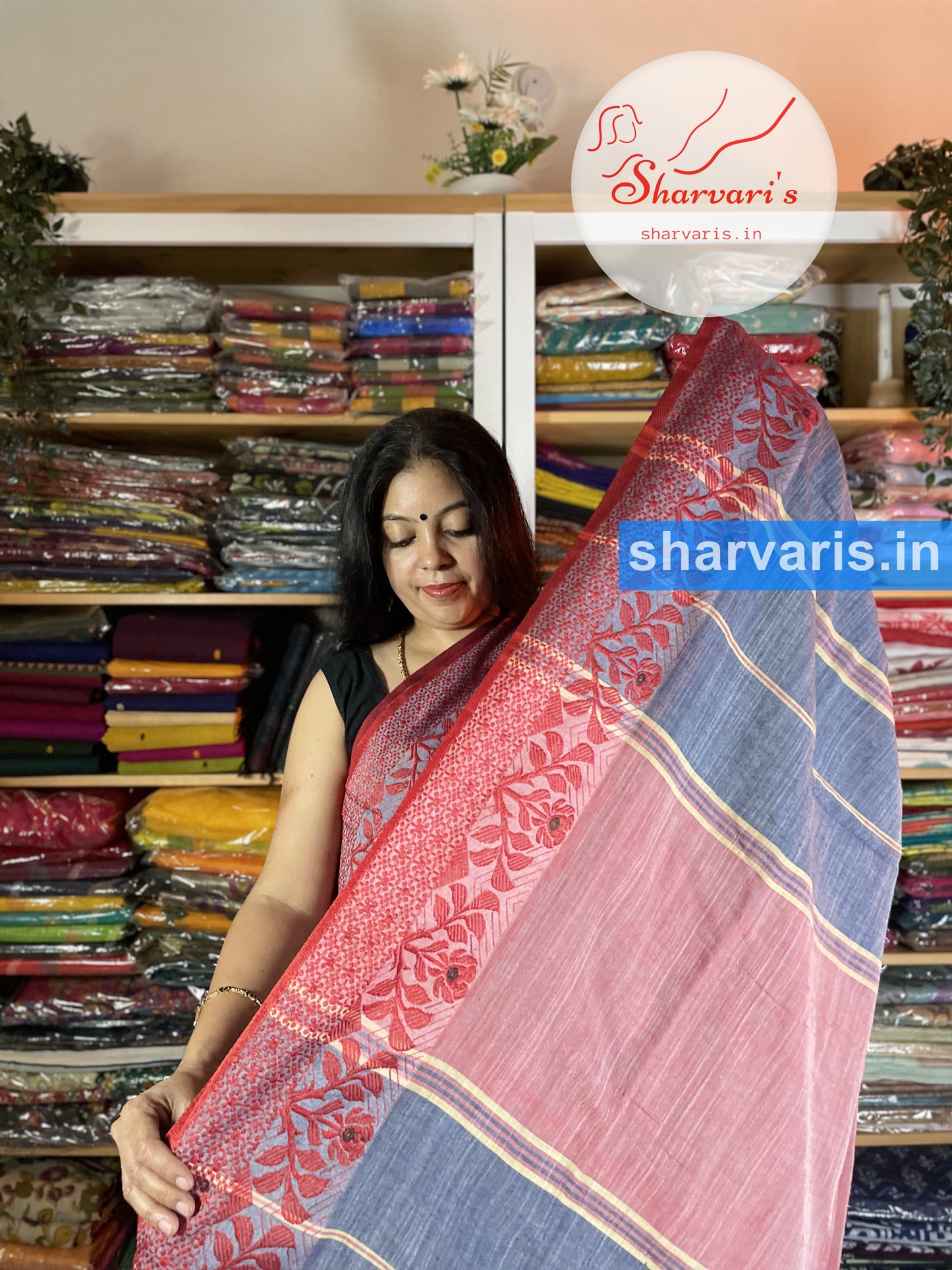 Grey and Red Blended Cotton Saree with Jamdani Borders