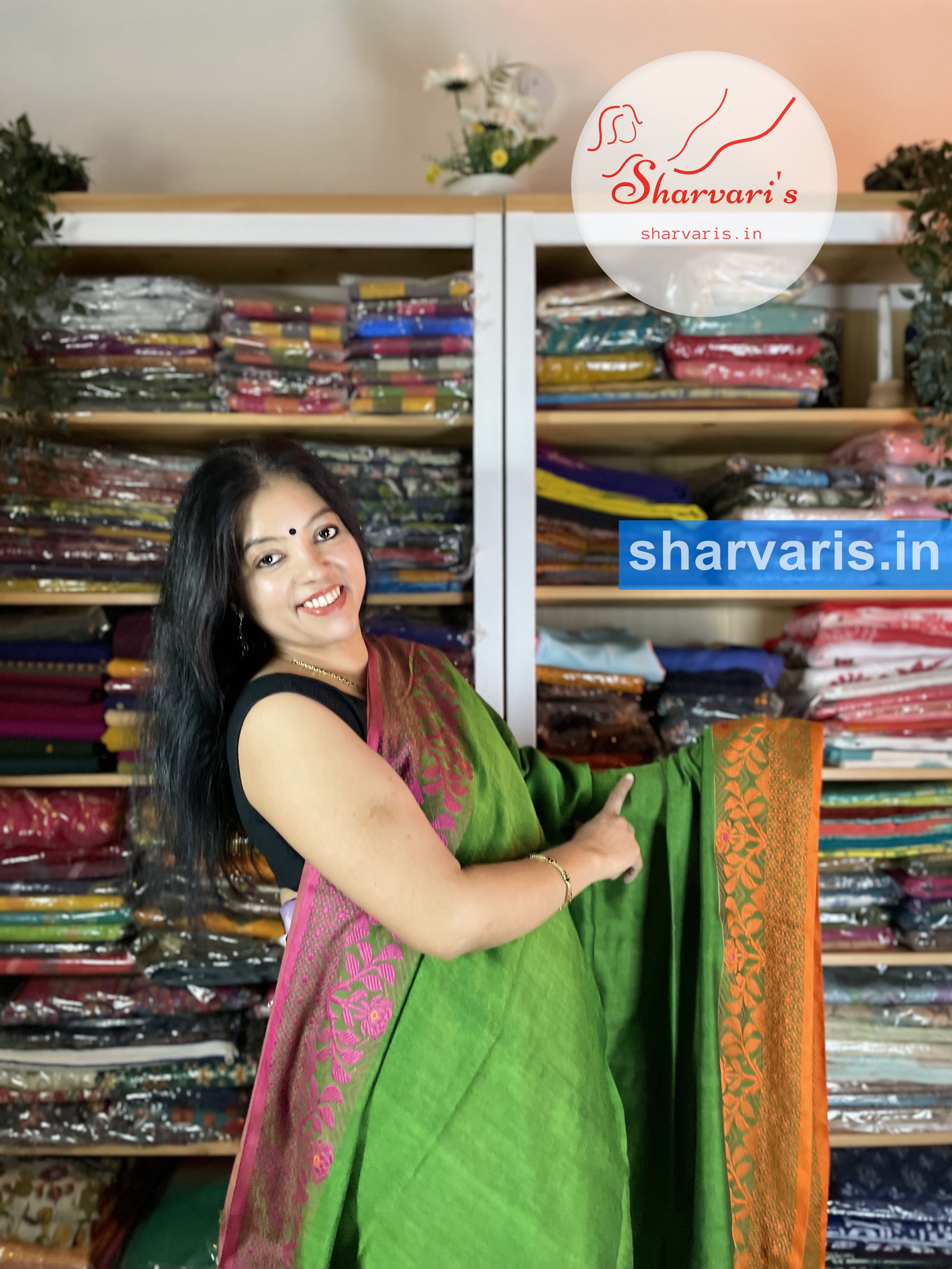 Green Blended Cotton Saree with Ganga Jamuna Borders – Sharvari's