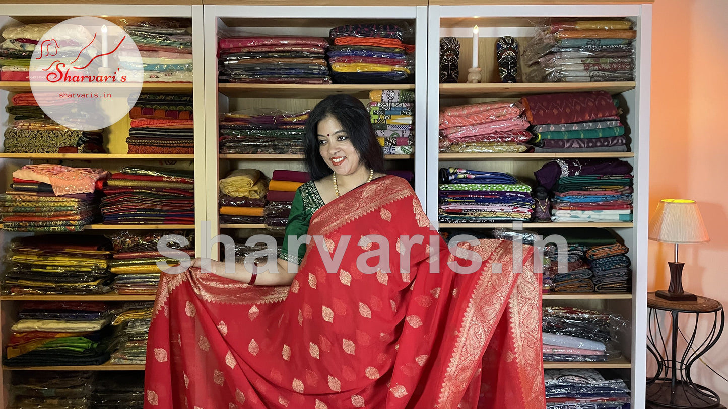 Red Banarasi Semi Khaddi Georgette Saree