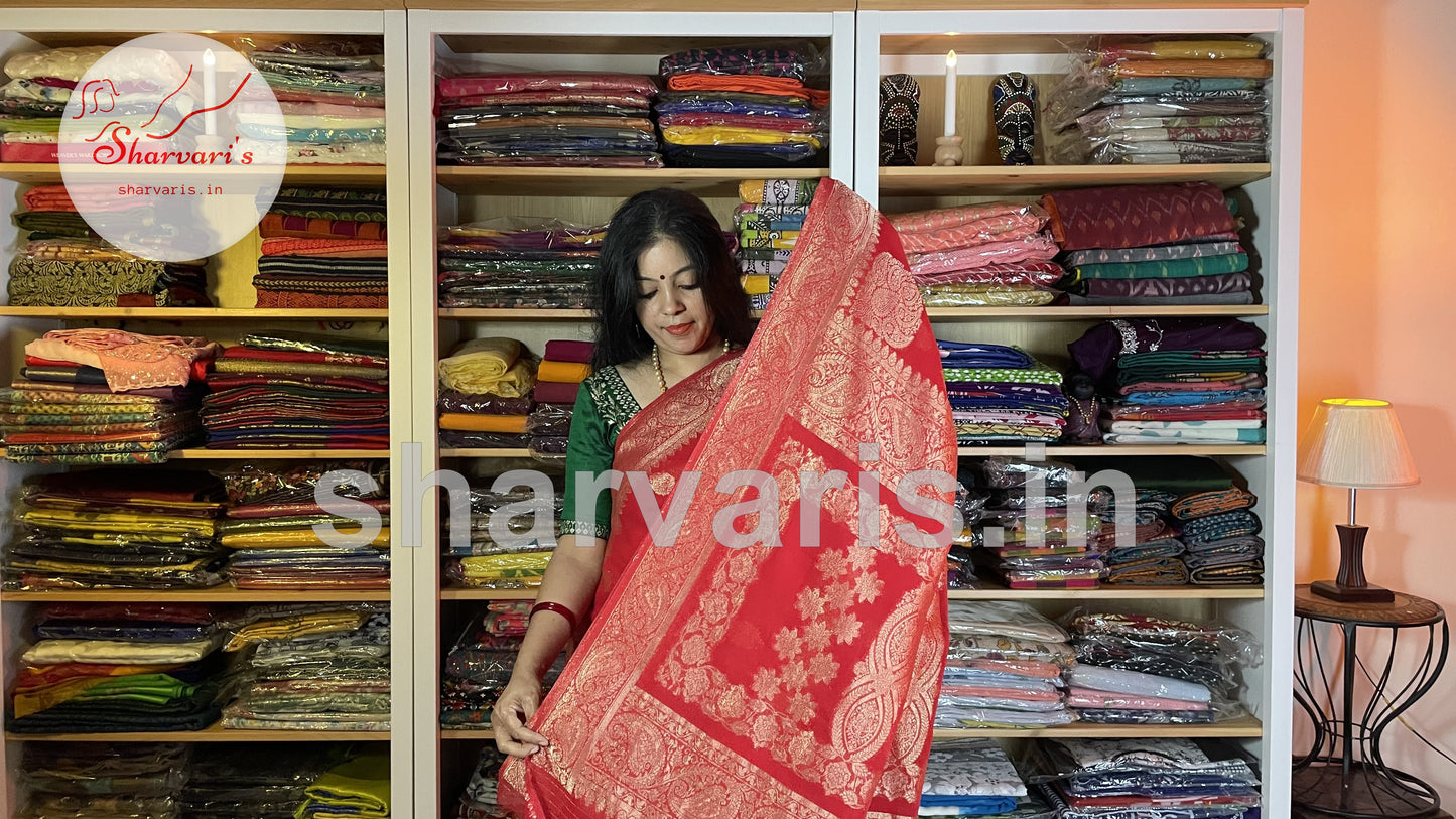 Red Banarasi Semi Khaddi Georgette Saree