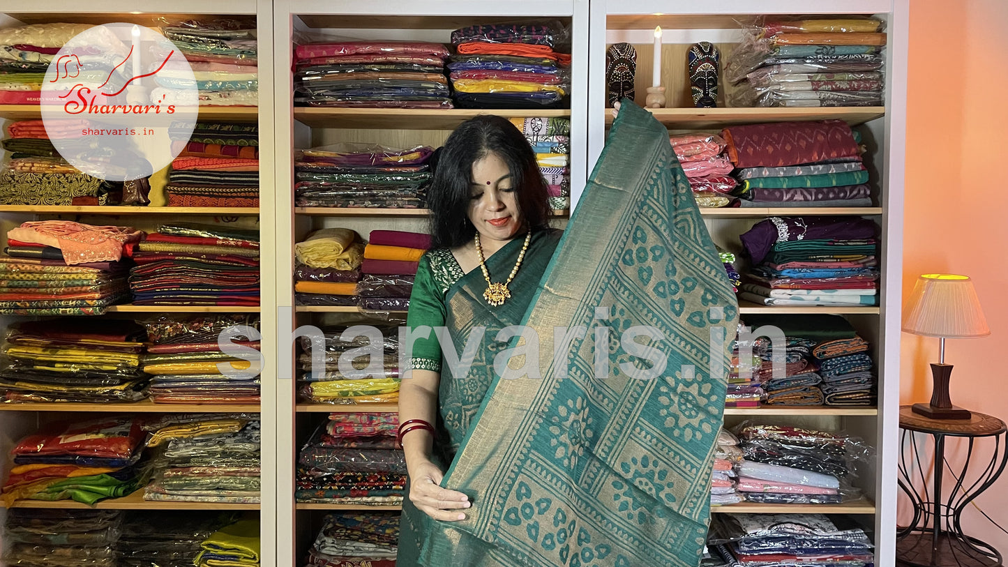 Bottle Green Linen Cotton Copper Brasso Saree