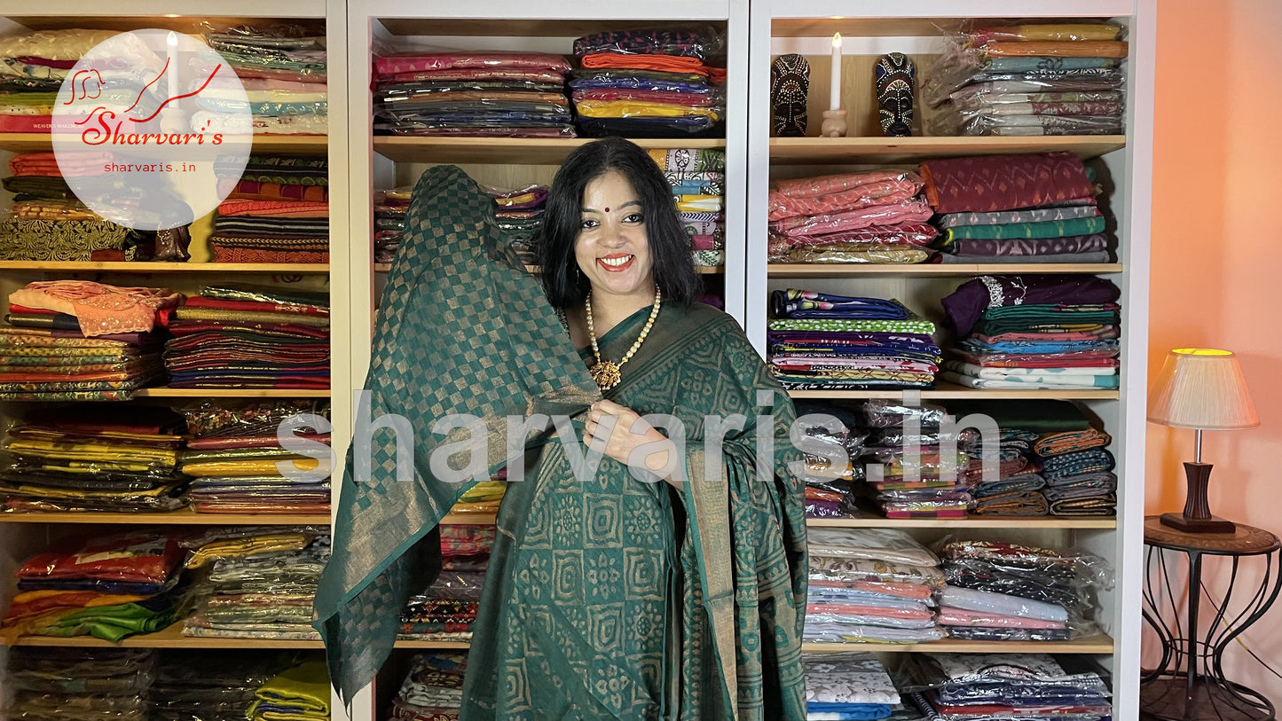 Bottle Green Linen Cotton Copper Brasso Saree